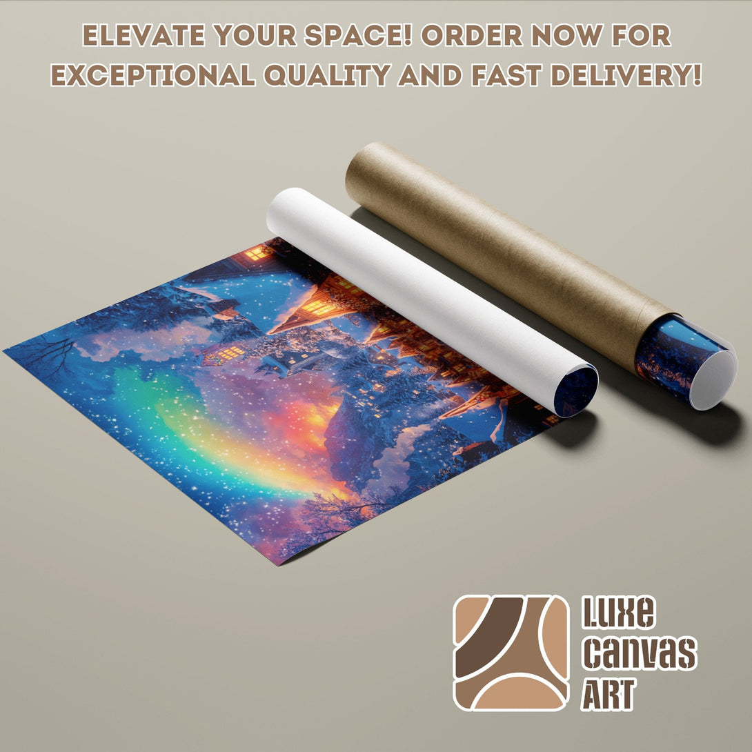 Poster Roll featuring a whimsical winter scene with a rainbow, vibrant colors. Elevate your space with this art!