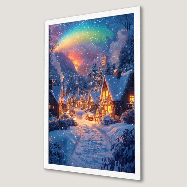 Framed Poster of a winter village scene with a rainbow, in a warm, inviting color palette. Perfect wall art!
