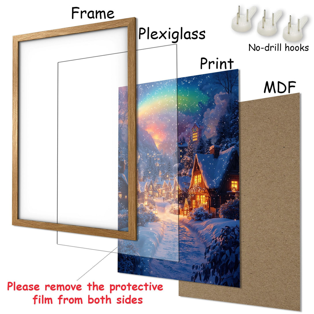 Framed Poster featuring a winter village scene with warm lighting, painted style, and a cool blue and warm yellow color palette.