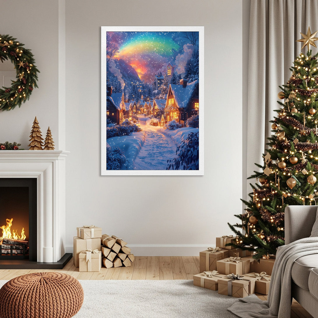 Framed Poster of a winter village scene with a rainbow, in a whimsical style with a blue, orange, and white color palette. Perfect holiday decor!