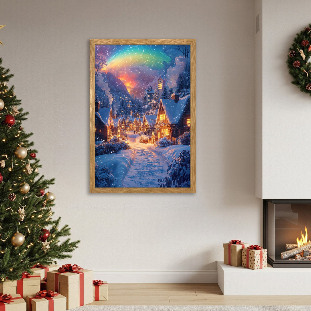 Framed Poster of a winter village scene with a rainbow, warm colors, perfect for cozy holiday decor.