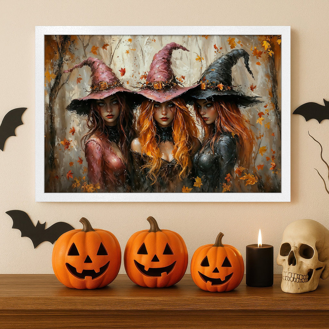 Framed Poster featuring three witches in a painterly style with autumn colors. Perfect Halloween wall art!