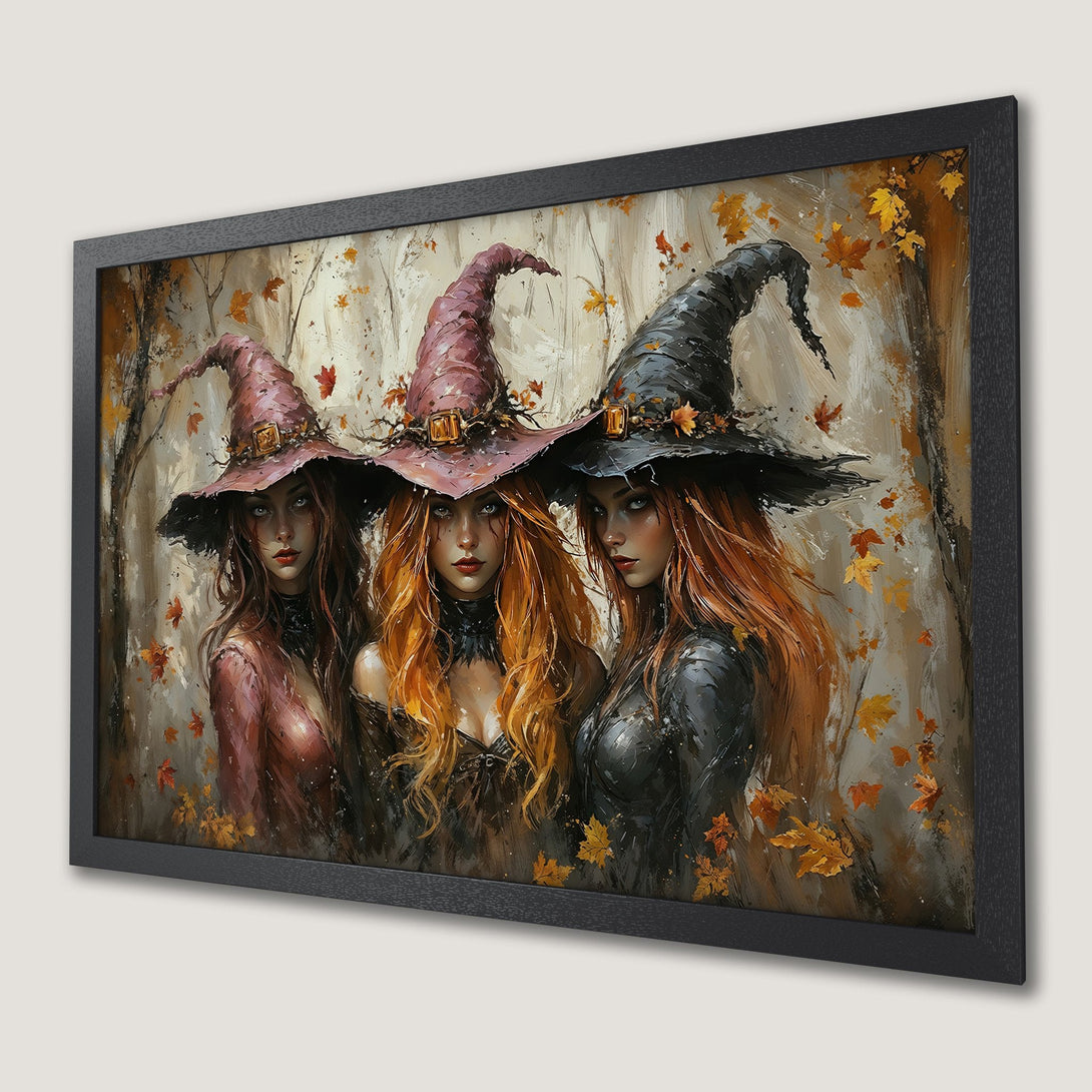 Framed Poster: Three witches in autumn colors. Artistic style, warm palette. Perfect Halloween decor.