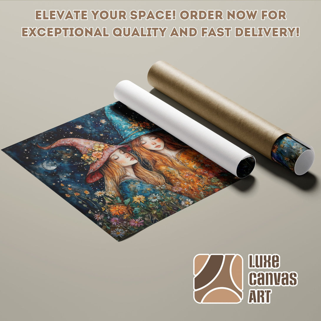 Poster Roll with whimsical witch art, featuring a dark blue and orange color palette. Order now!