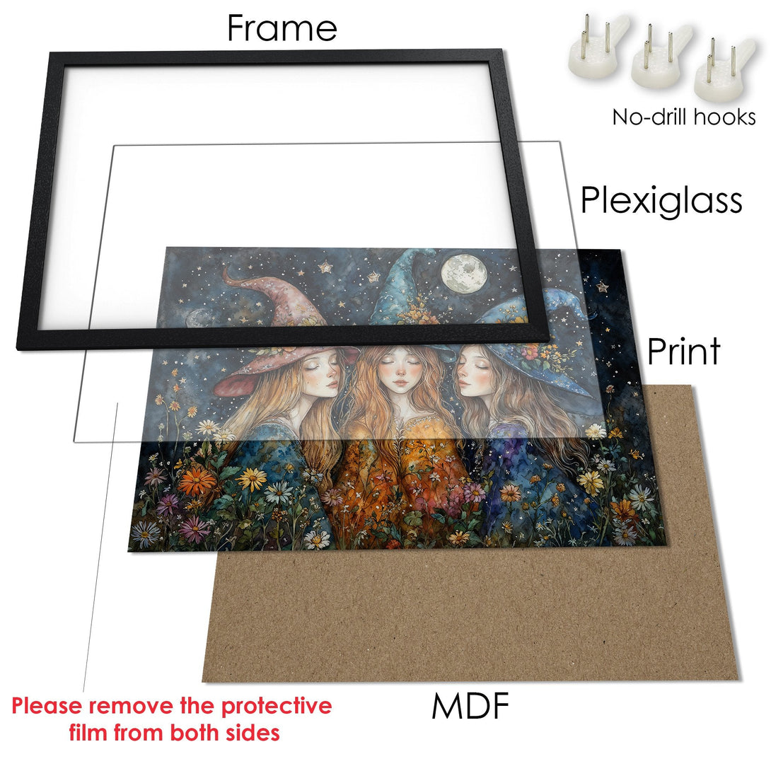Framed Poster featuring three women in witch hats, watercolor style, with a dark blue and floral color palette.