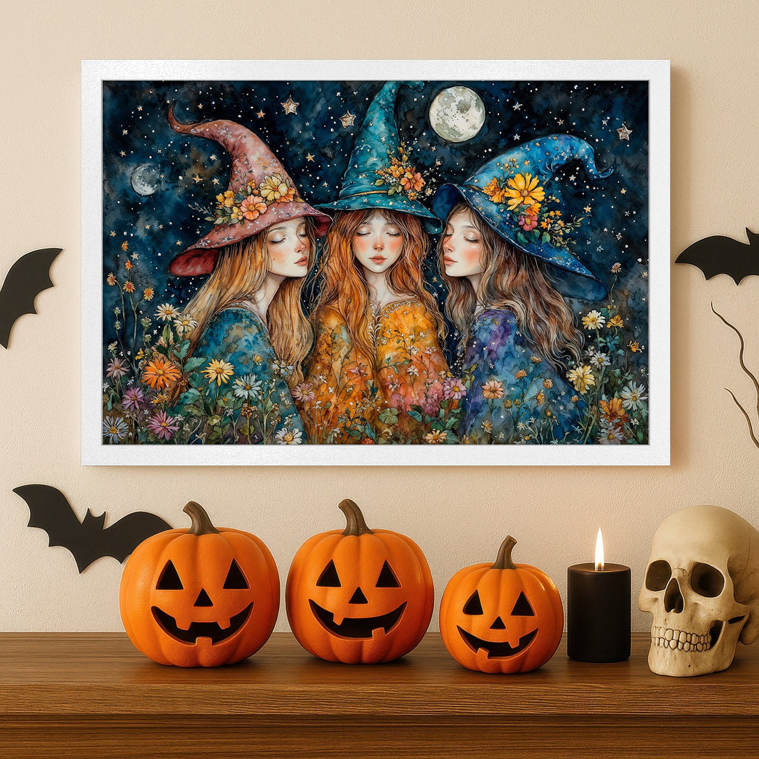 Framed Poster of three witches in watercolor style with a dark blue and orange color palette. Perfect Halloween decor!
