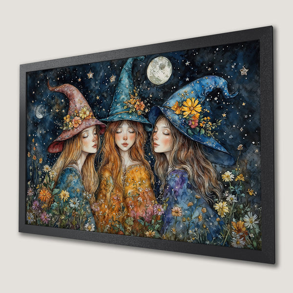 Framed Poster featuring three whimsical witches with floral hats, set against a starry night sky. Watercolor style, with a blue, orange, and purple color palette.