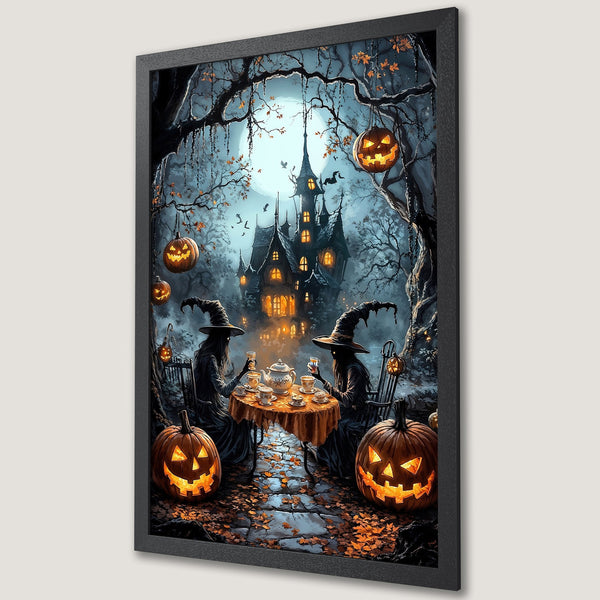 Framed Poster featuring a spooky Halloween scene with witches, pumpkins, and a haunted house in a dark blue and orange palette.