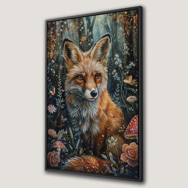 Framed Wall Art: Majestic fox portrait in a whimsical forest scene. Warm, earthy tones with pops of color. Perfect for adding nature-inspired art to your space.