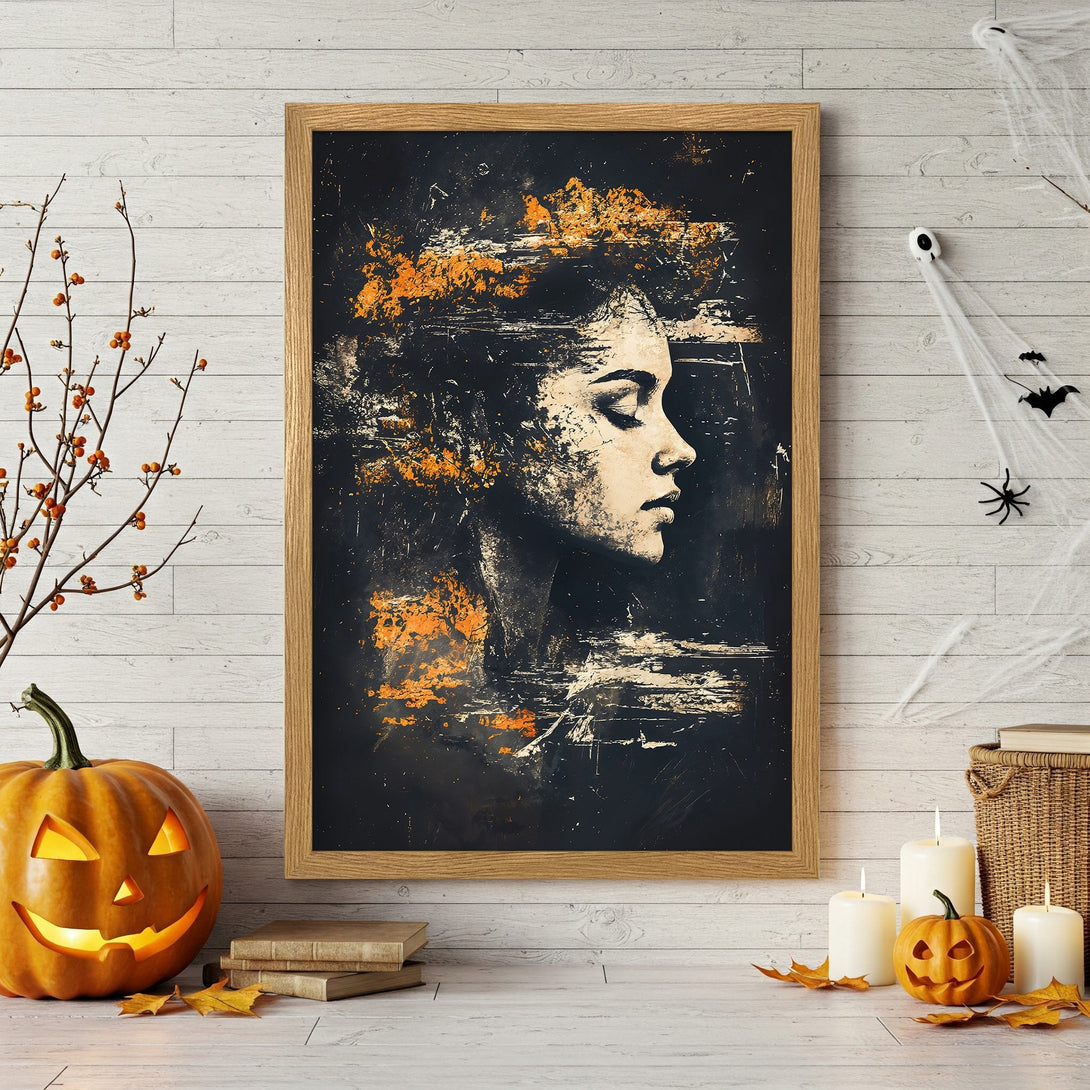 Framed Poster featuring a woman's profile in abstract style. Dark, orange, and neutral color palette. Perfect wall art for your home.