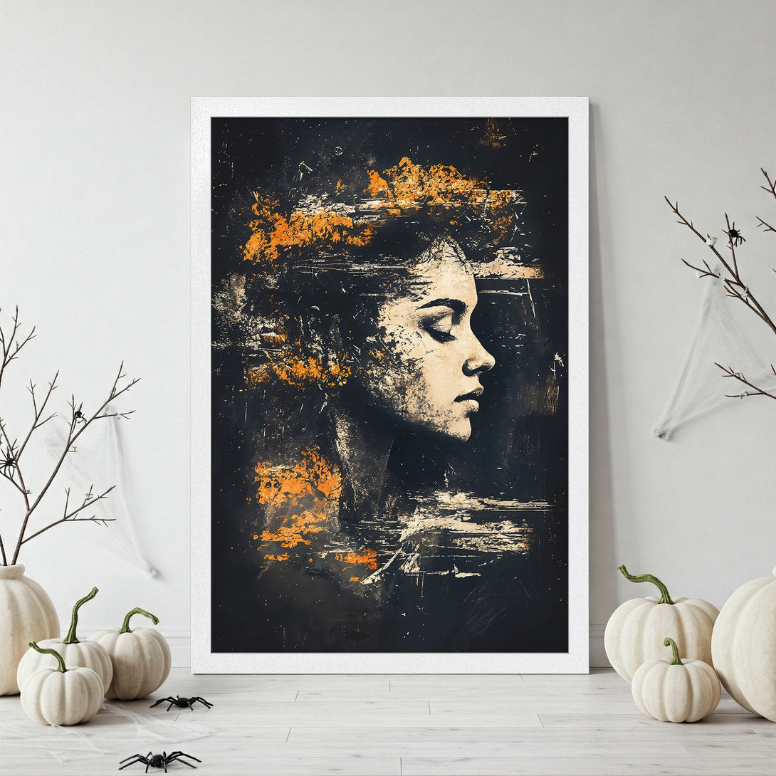Framed Poster featuring a woman's profile in abstract style with a black and orange color palette. Perfect wall art!