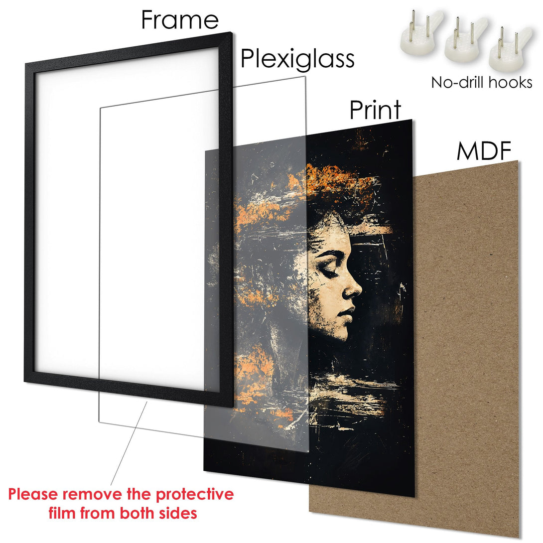 Framed Poster art print featuring a woman's portrait in a modern, abstract style with a black and gold color palette. Ready to hang.