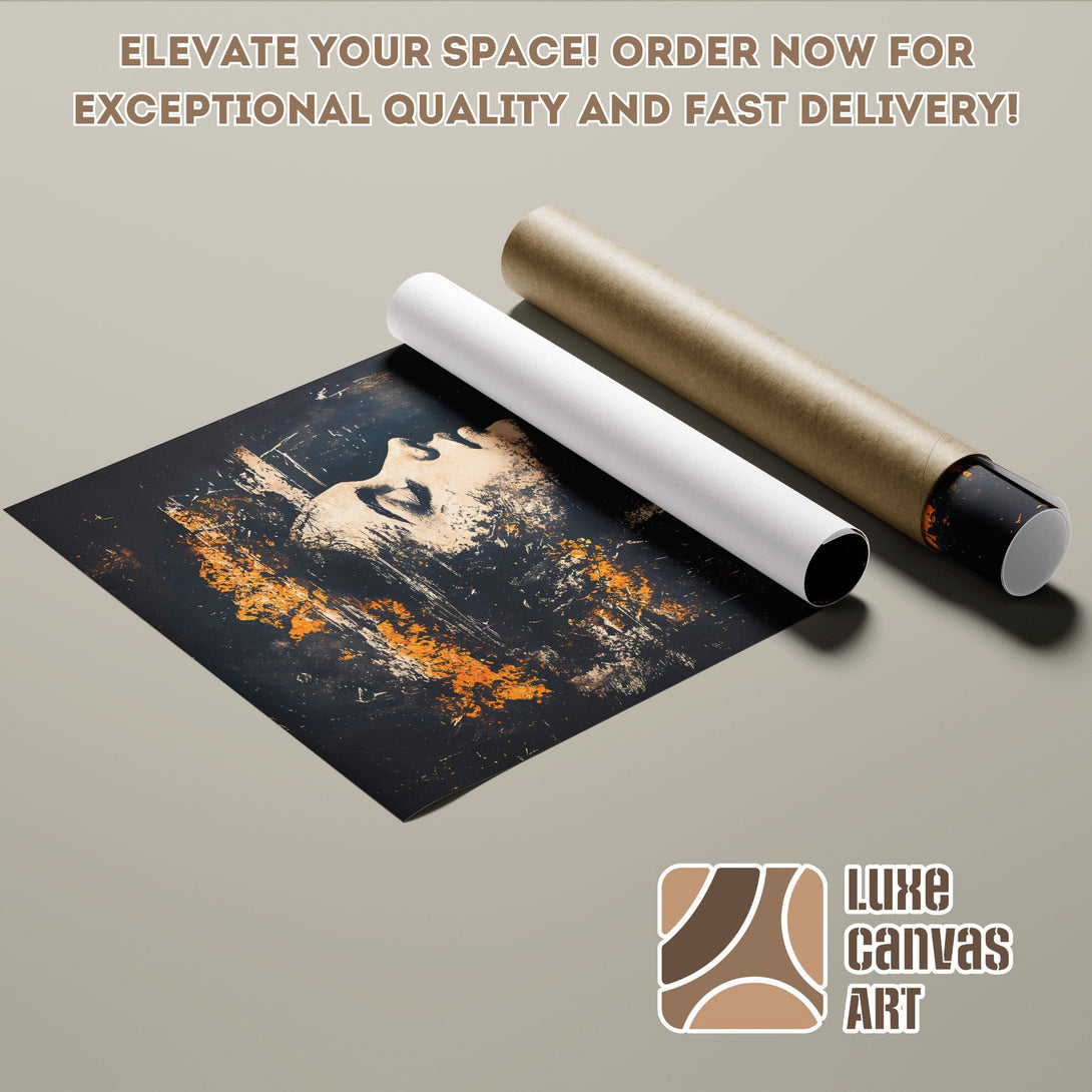 Abstract art poster roll with dark and orange tones. Elevate your space with this stunning poster!