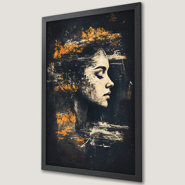 Framed Poster featuring a woman's profile in abstract style, with a dark, moody color palette of black, orange, and cream. Add art to your walls!