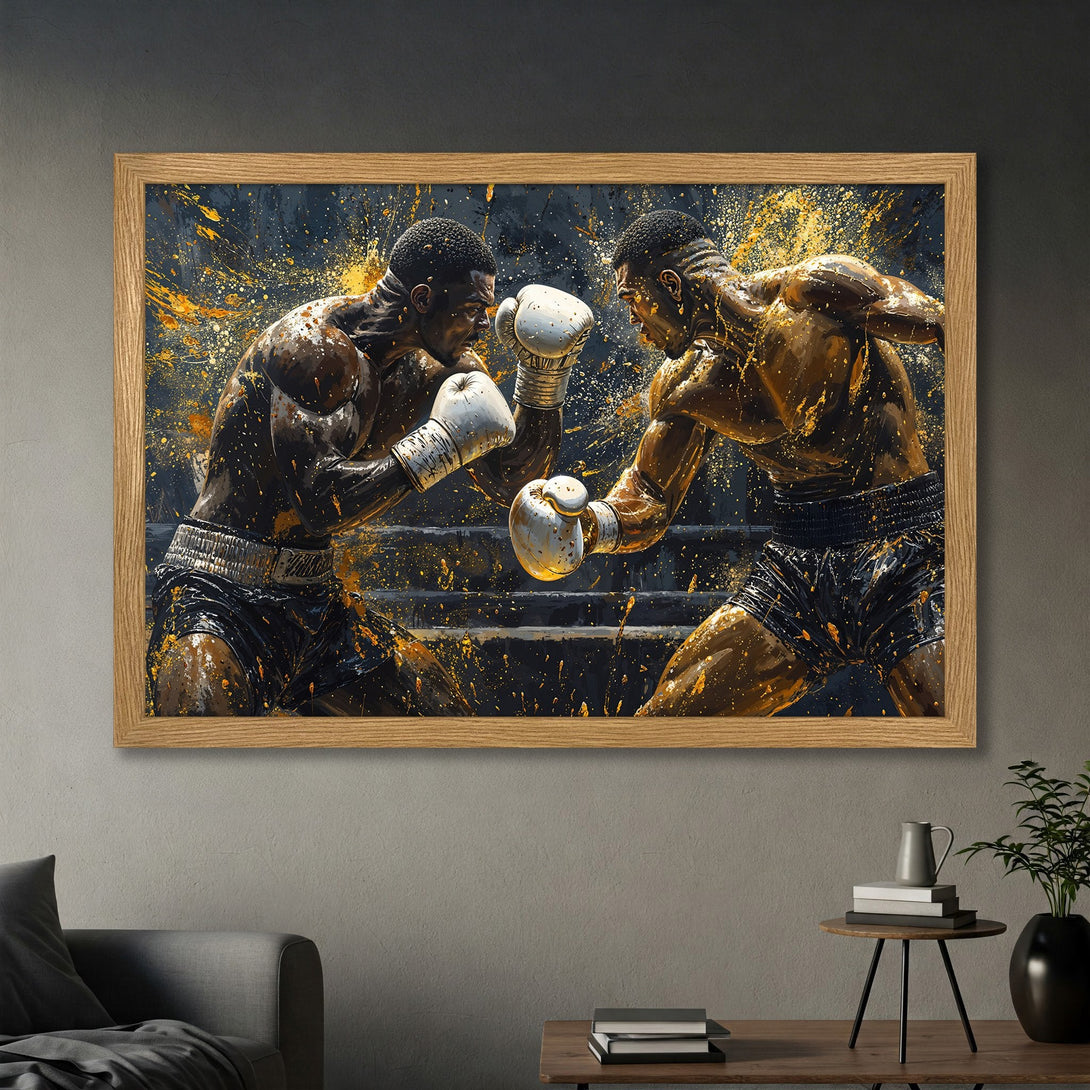 Framed Poster of boxing match in abstract style with dark blue, gold, and brown color palette. Perfect wall art for home decor.
