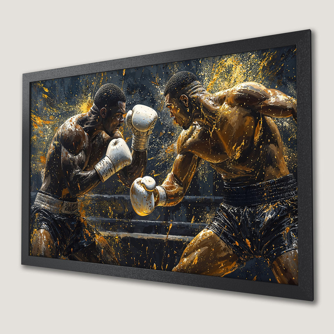 Framed Poster: Dynamic boxing art print with dark, gold, and black color palette. Captivating action and artistic style. Perfect wall decor!