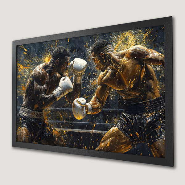 Framed Poster: Dynamic boxing art print with dark, gold, and black color palette. Captivating action and artistic style. Perfect wall decor!