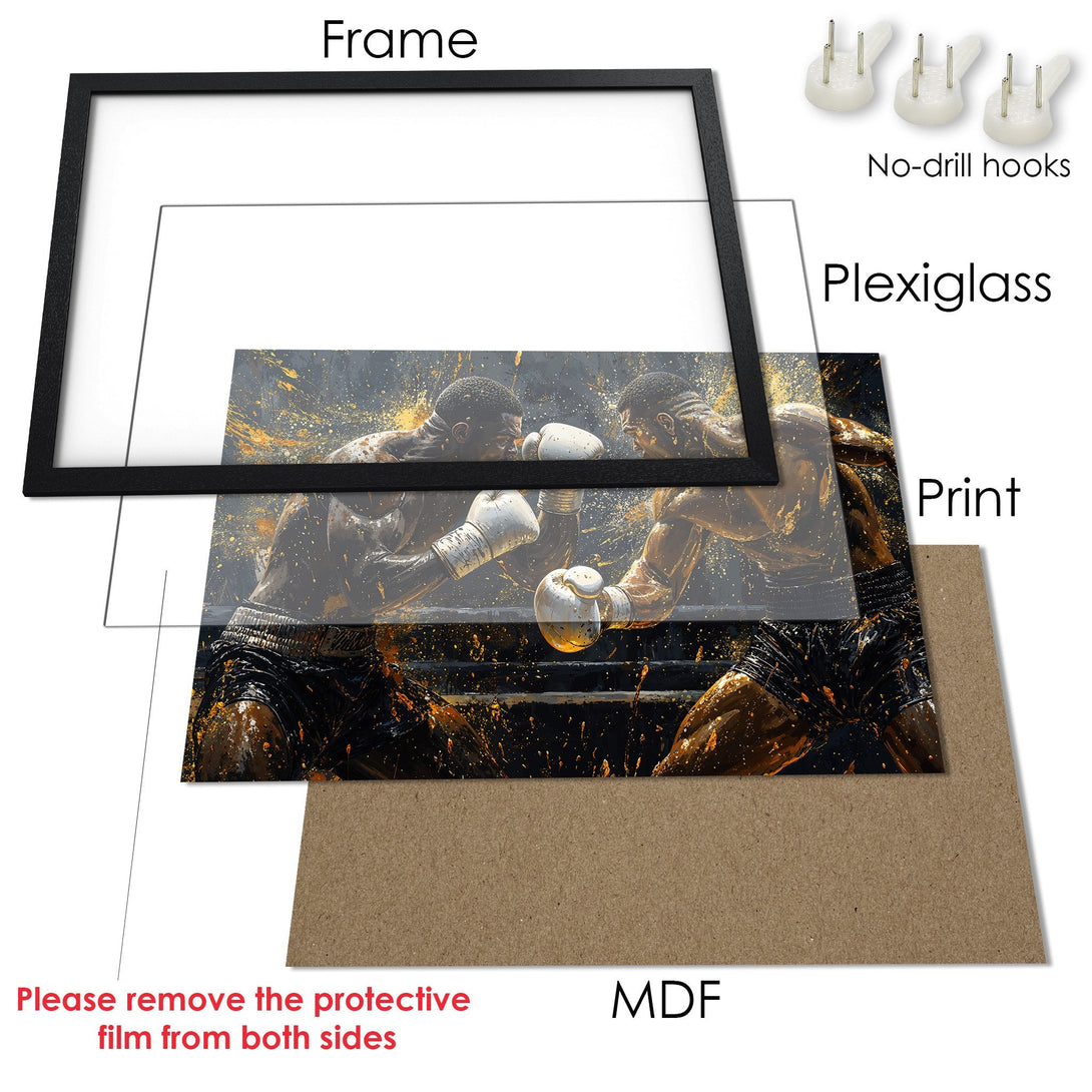 Framed Poster featuring a boxing match in a dynamic, artistic style with a dark, gold, and grey color palette. Add this to your wall!