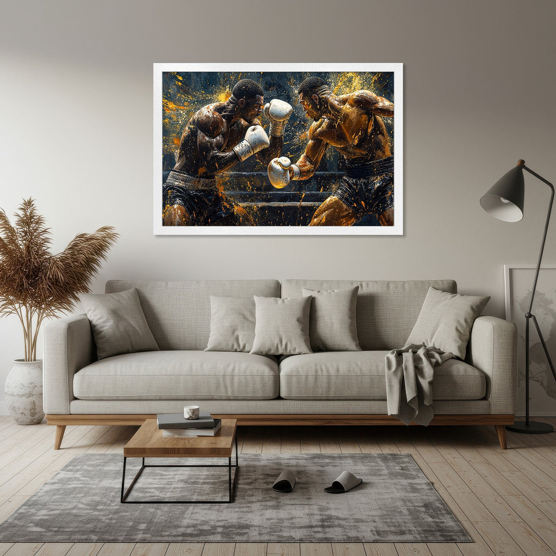 Framed Poster featuring a dynamic boxing match in a striking art style with a gold and black color palette. Perfect wall art!