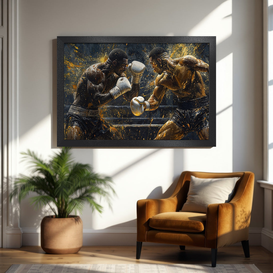 Framed Poster: Boxing match art print in a bold, abstract style with black, gold, and brown color palette. Perfect for home decor.