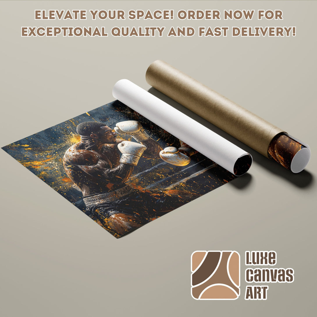 Poster Roll featuring a boxer in a dynamic, abstract style with a dark, gold, and blue color palette. Order now!