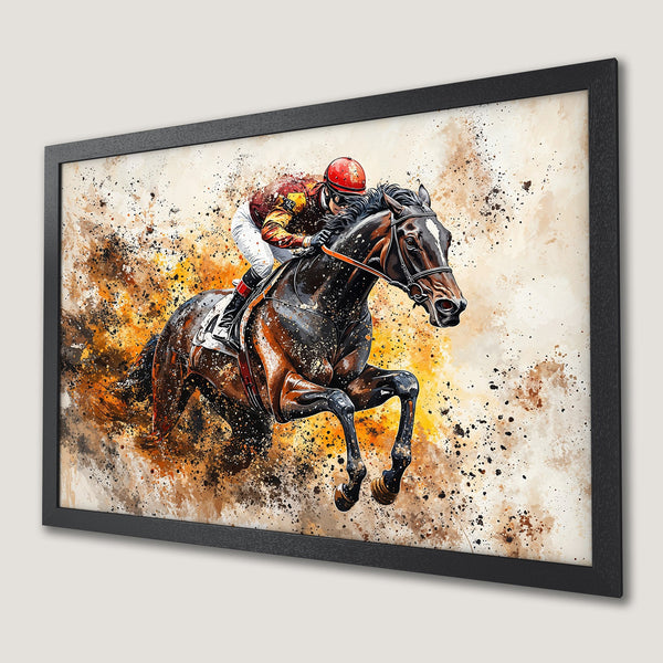Framed Poster of a racehorse and jockey in action, watercolor style, earth tones and pops of red.