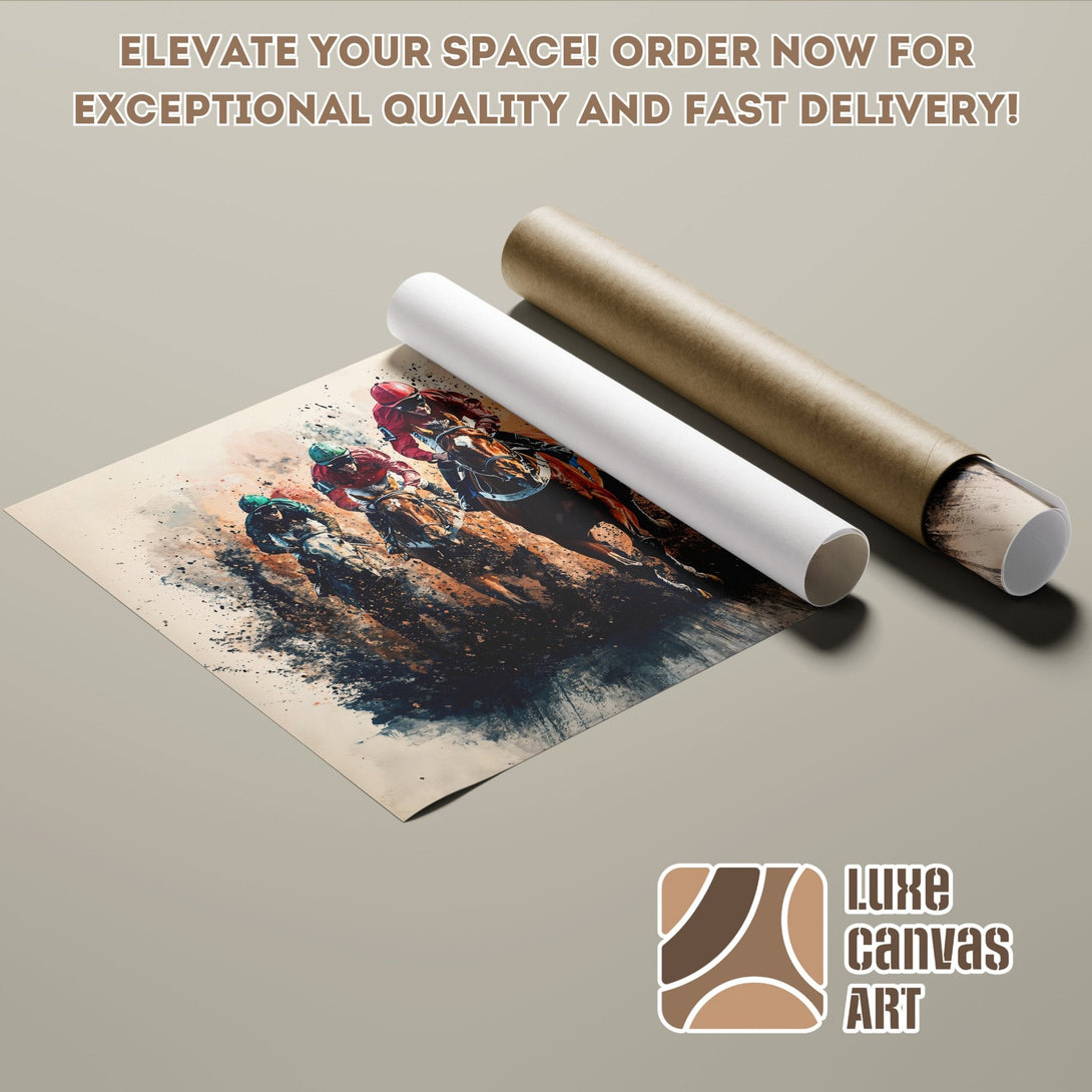 Poster Roll of horse racing art in watercolor style, featuring a vibrant color palette.