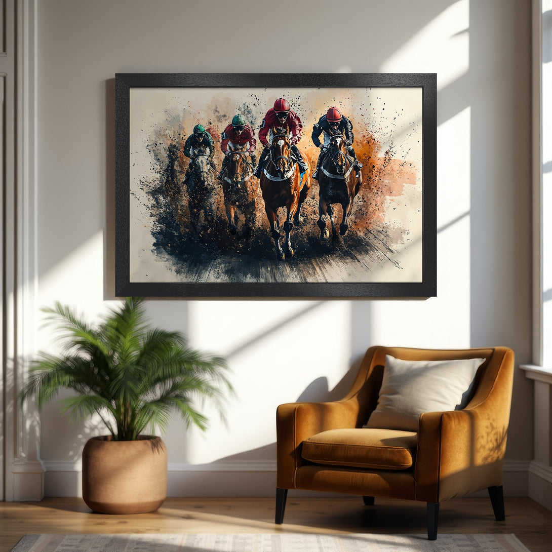 Framed Poster featuring a dynamic watercolor painting of a horse race. Rich colors and expressive style, perfect for home decor.