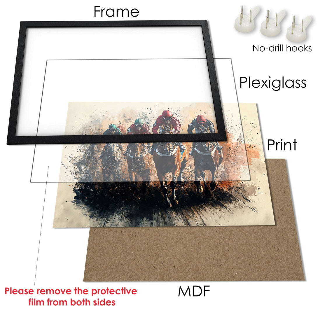 Framed Poster of a horse race in watercolor style, featuring a warm color palette. Perfect wall art!