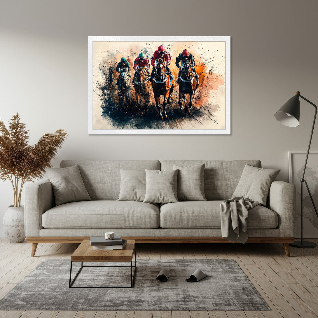 Framed Poster featuring a watercolor style horse race scene. Vibrant orange, brown, and blue hues. Perfect art for any home!