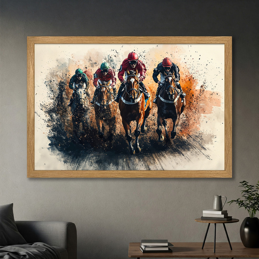 Framed Poster of a horse race in watercolor style, featuring jockeys in red, green, and black. Earthy tones and dynamic art.