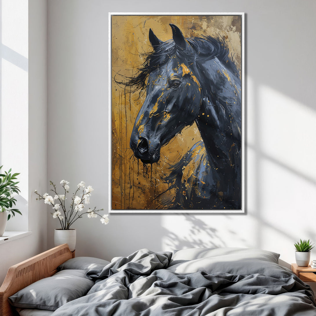 Framed Wall Art: Abstract horse painting in black, gold, and grey. Modern art for bedroom decor. Enhance your space with this stunning canvas print.