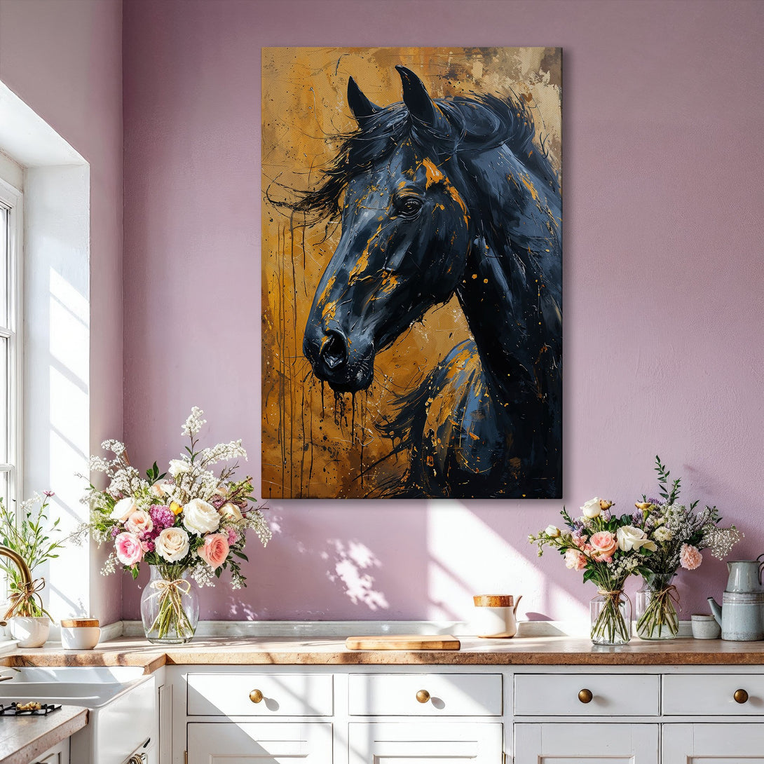 Framed Wall Art featuring a majestic black horse in an abstract style, gold and navy color palette, perfect for modern home decor.