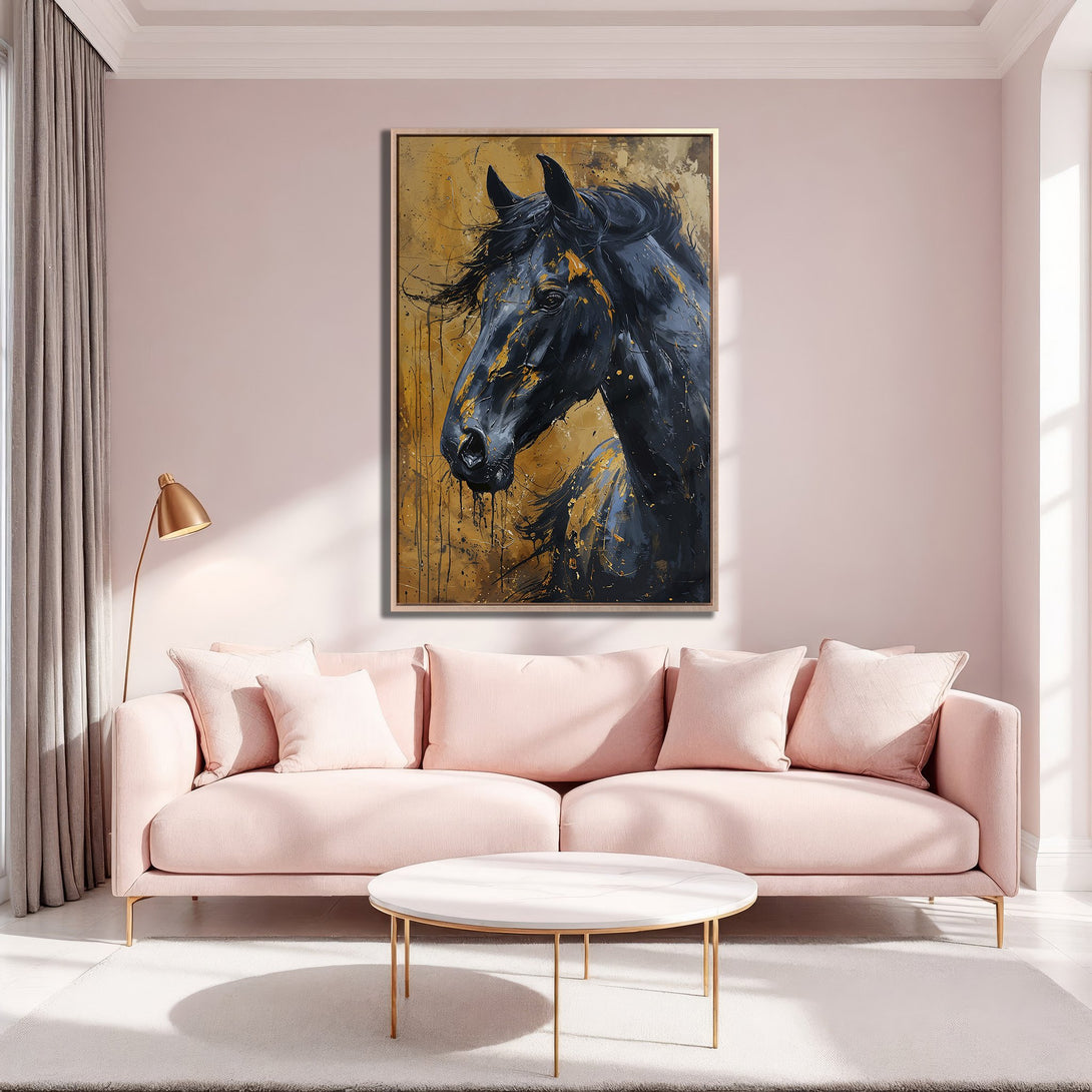 Framed Wall Art: Stunning black horse portrait with gold accents. Modern abstract style in a warm, inviting interior with pink and gold tones. Elevate your space!