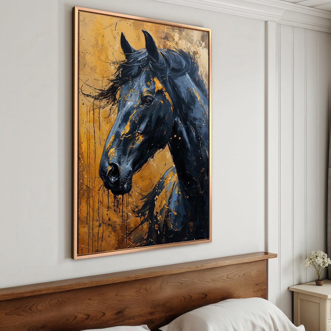 Framed Wall Art: Abstract horse portrait in black & gold. Modern canvas print for home decor. Adds luxury & style to any room.