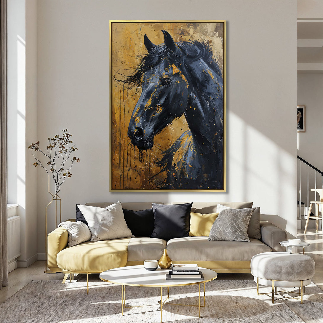 Abstract Canvas Print of a black horse with gold accents. Modern art in a kitchen with a pink wall.