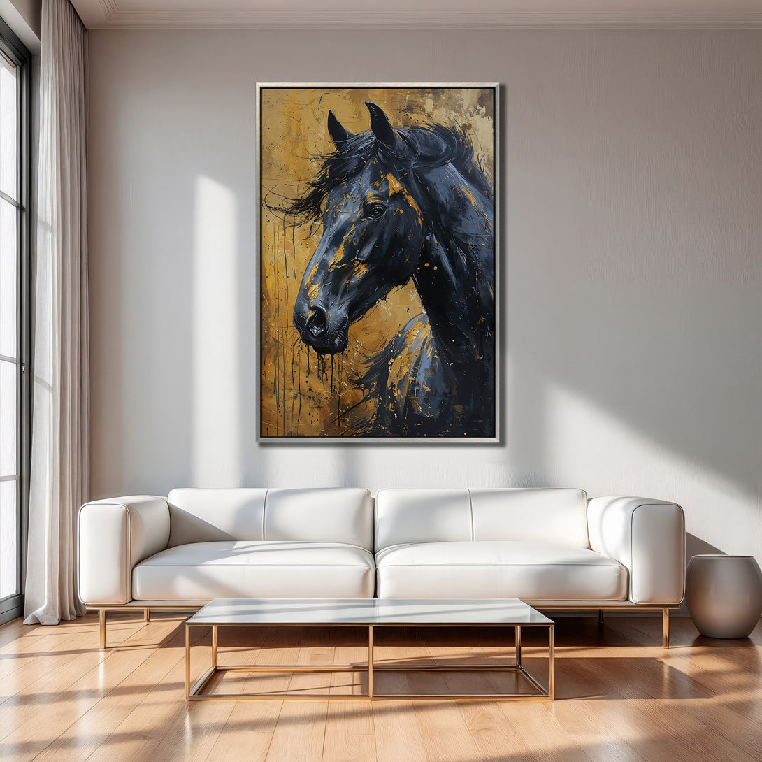 Framed Wall Art: Abstract horse portrait in black and gold. Modern canvas print adds elegance to any interior. Shop now!