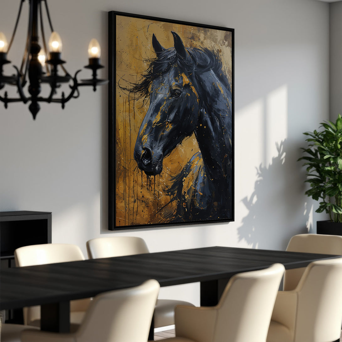 Framed Wall Art: Stunning black horse portrait canvas print with gold accents. Modern art in a dining room setting. Adds elegance and style to your decor.