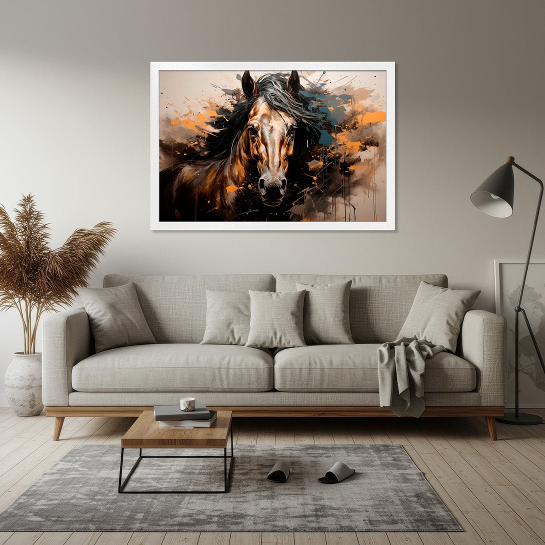 Framed Poster of a majestic horse in an abstract style. Earthy tones with orange and black accents. Perfect wall art for any space.