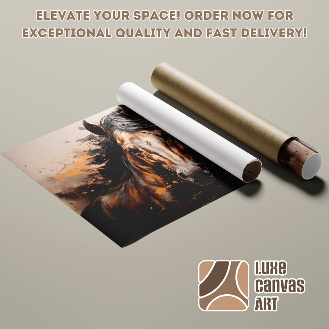 Horse art poster roll in warm brown tones. Elevate your space with Luxe Canvas Art!
