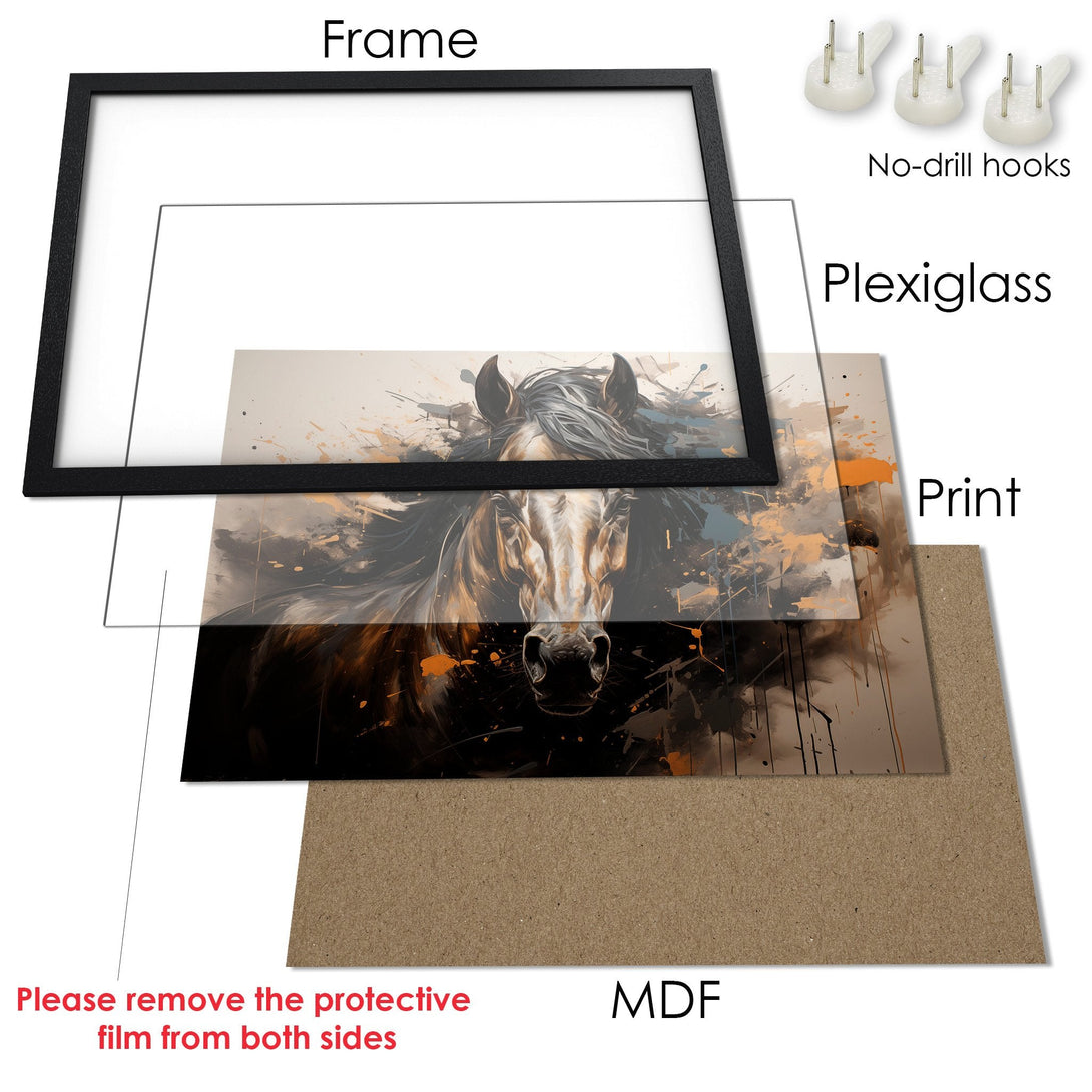 Framed Poster featuring a majestic horse in an abstract style with a warm, earthy color palette. Perfect wall art!