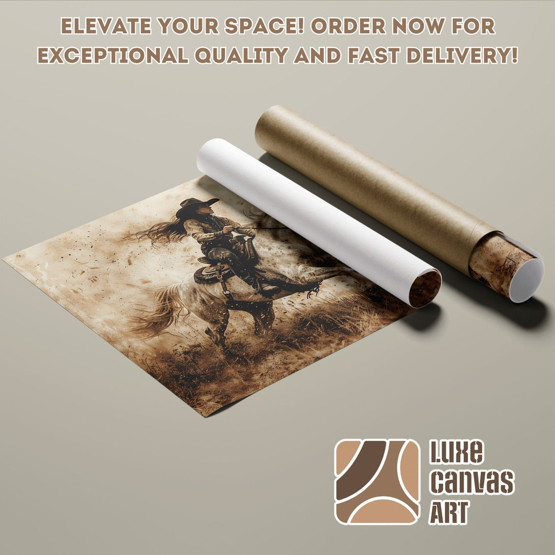 Poster Roll featuring a cowgirl on a horse, sepia tones, rustic art style. Order now!