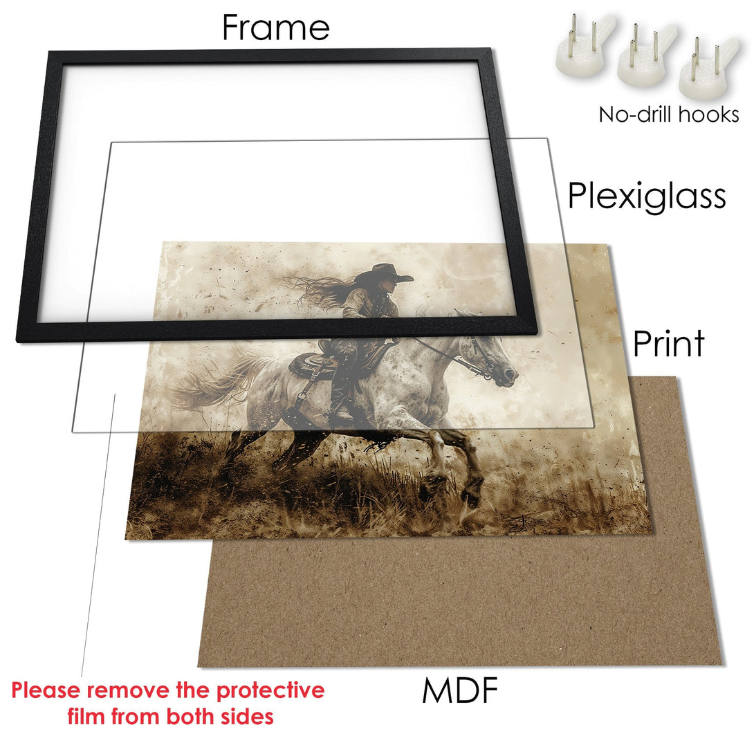 Framed Poster featuring a cowboy on a horse, sepia tones, rustic style. Perfect art for your home!