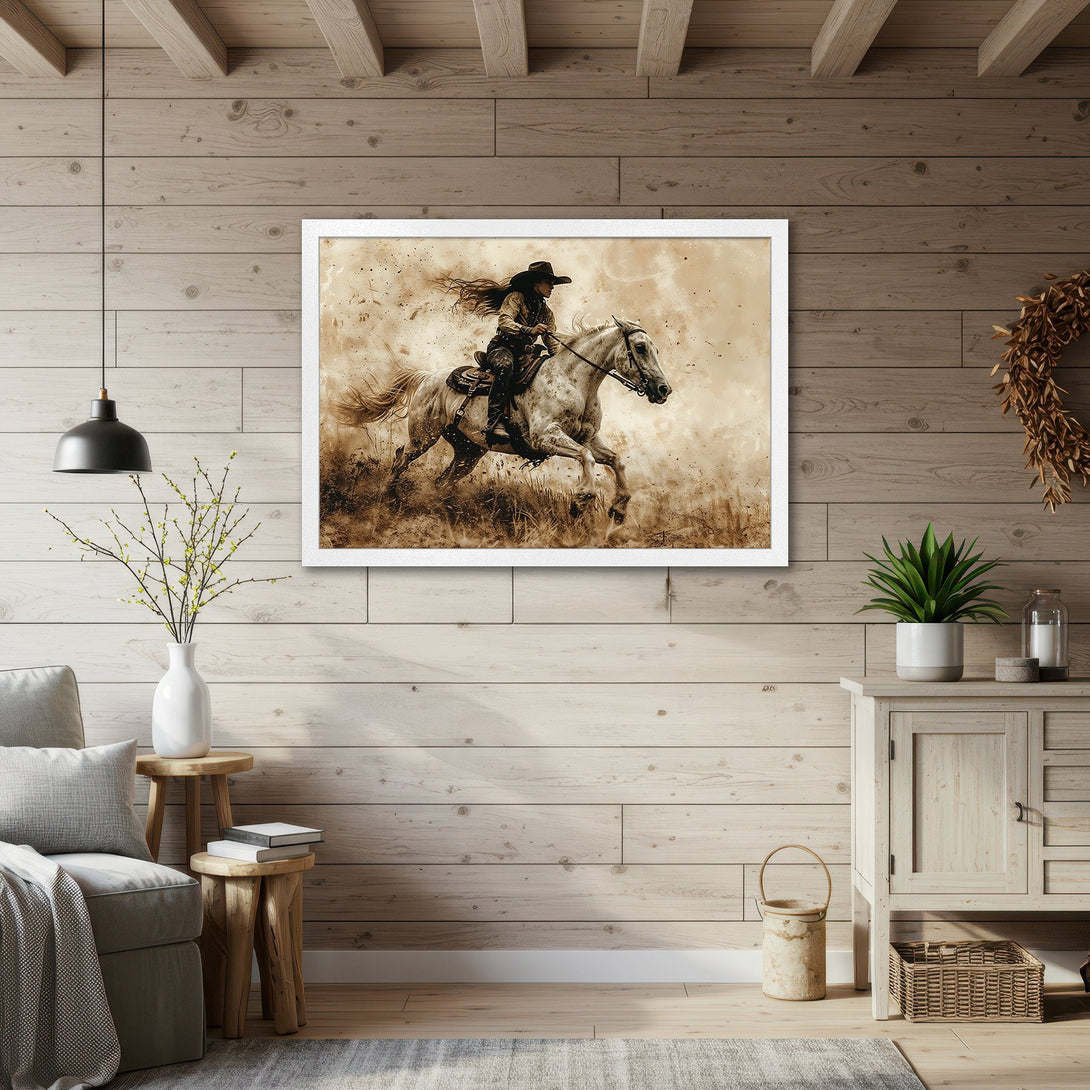 Framed Poster of a cowgirl on a horse, sepia-toned, rustic style. Perfect western decor for your home!