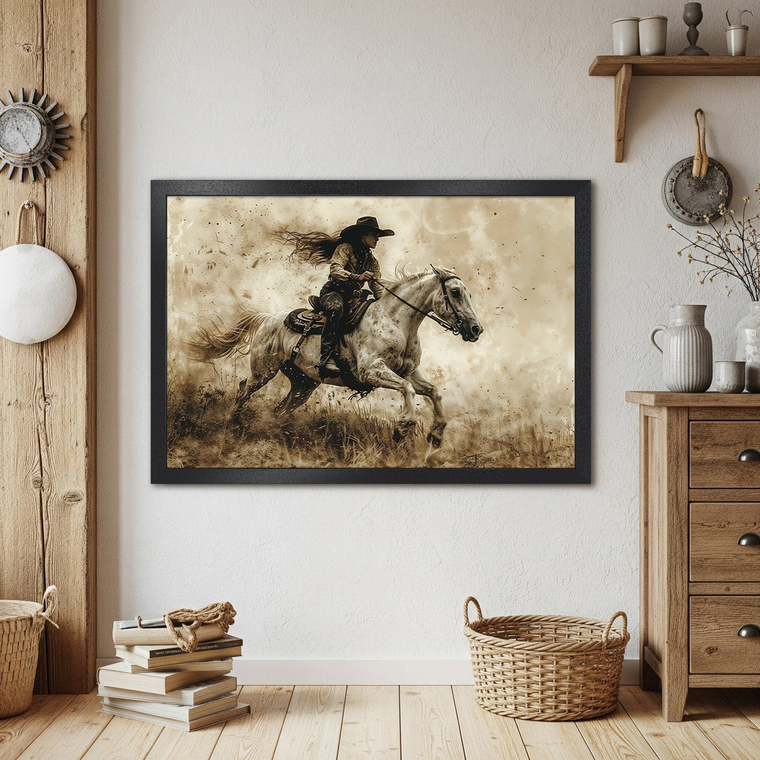 Framed Poster of a cowgirl riding a horse. Western-style art in sepia tones, perfect for rustic decor.
