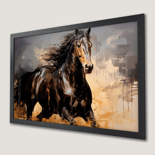Framed Poster of a running horse, abstract art style with a warm, earthy color palette. Perfect wall decor.