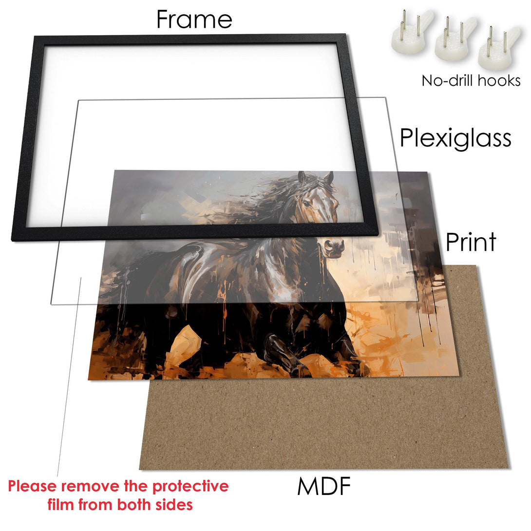 Framed Poster featuring a running horse art print. Stunning artwork in a warm, earthy color palette. Elevate your space with this beautiful Poster!