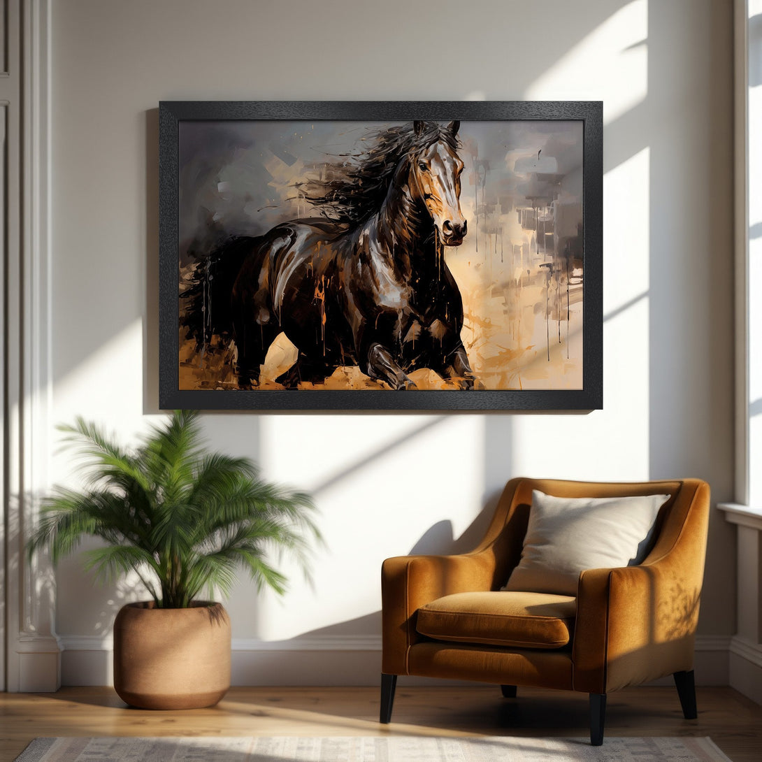 Framed Poster of a majestic horse in a dynamic, abstract style. Earthy tones with black frame, perfect for home decor.