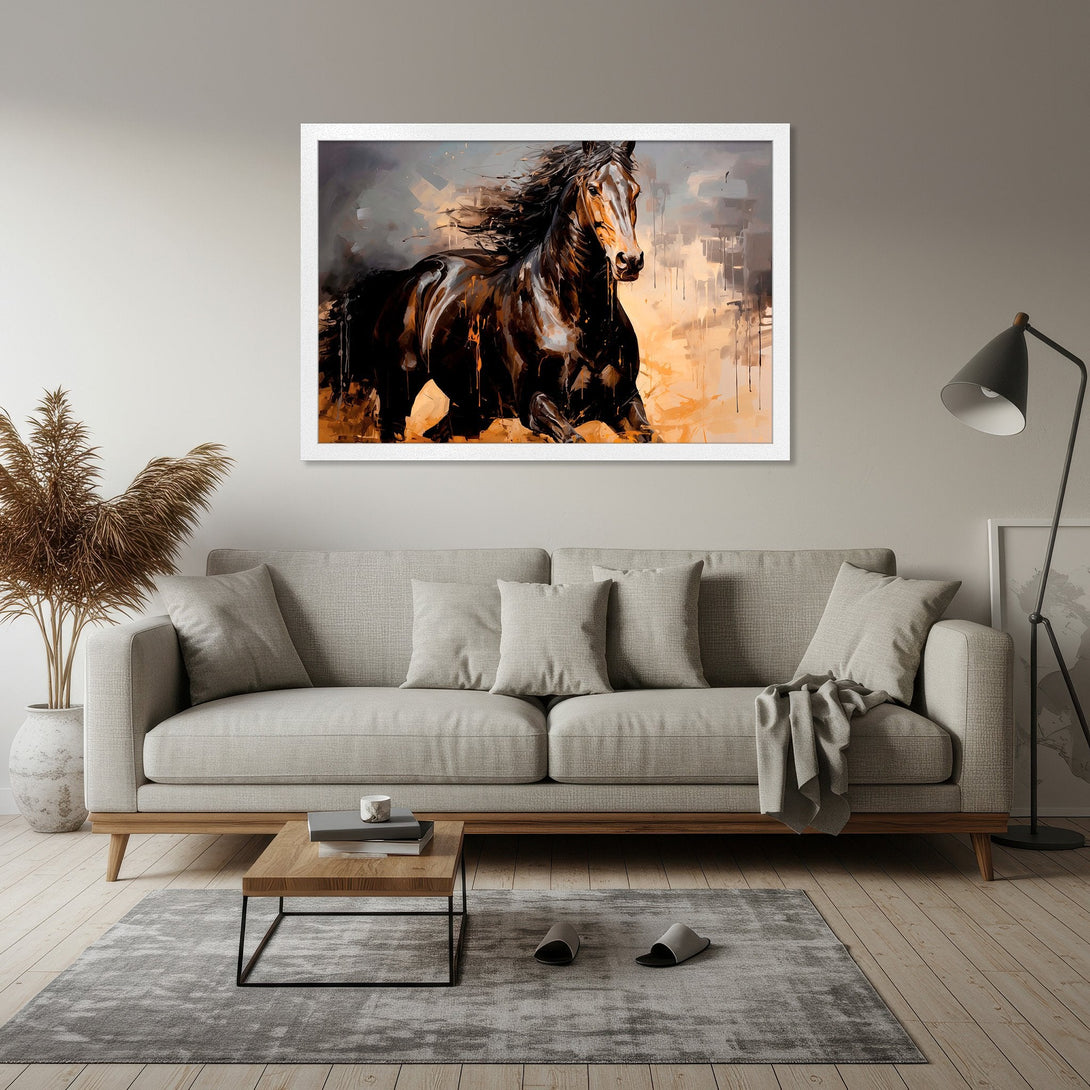 Framed Poster of a running horse in an abstract style, featuring a warm color palette. Perfect wall art for your home!