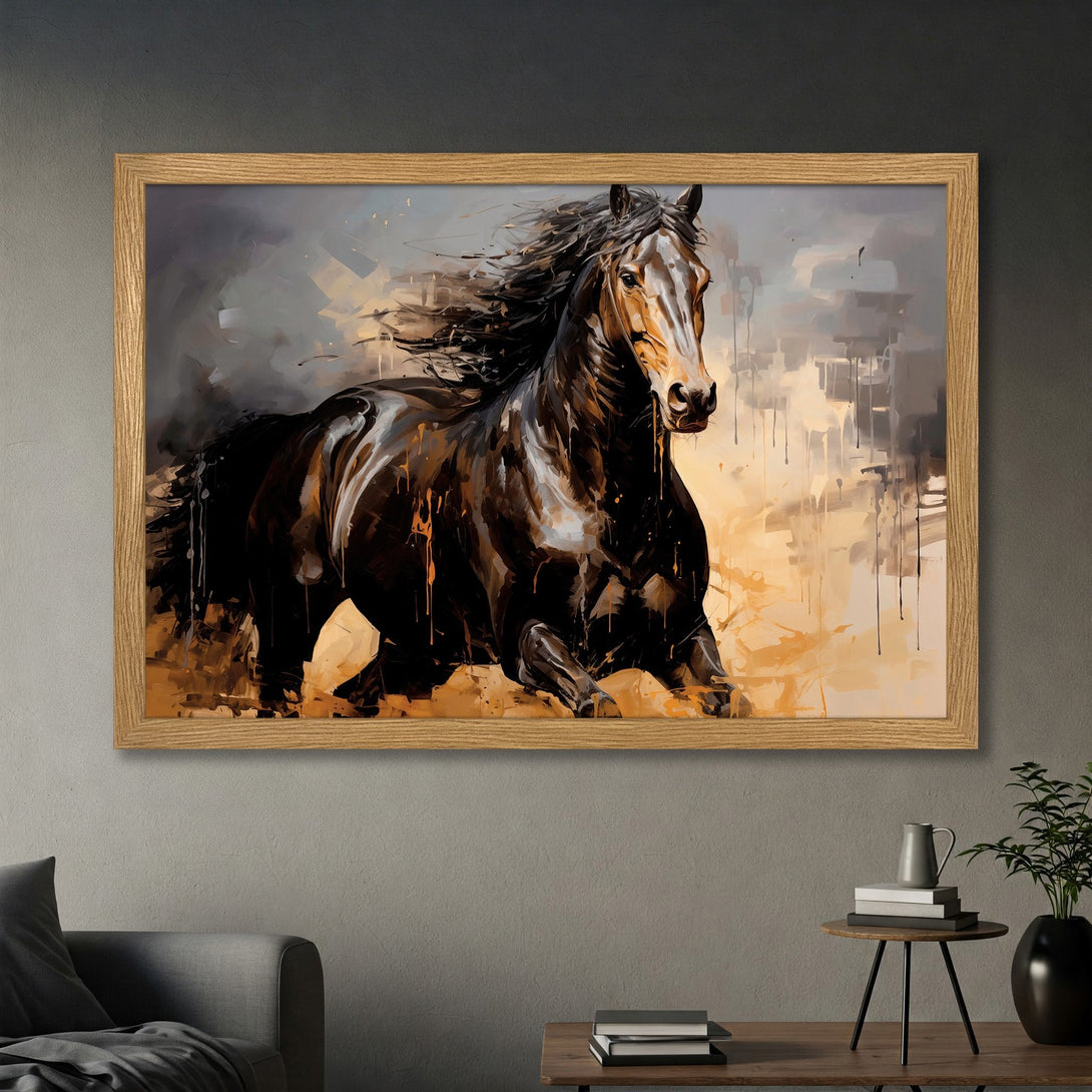 Framed Poster of a running horse in an abstract style with a warm, earthy color palette. Perfect for adding art to your space!